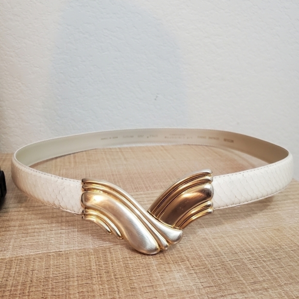 Liz Claiborne Genuine Snakeskin Gold and Cream Belt